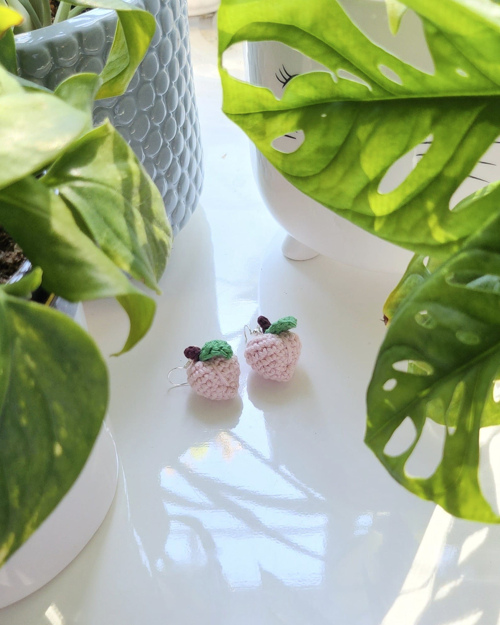 Indoor plants with a shelf displaying colorful peach earrings in the background